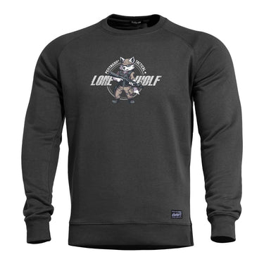 Black raglan crewneck sweater with wolf graphic front and ribbed cuffs