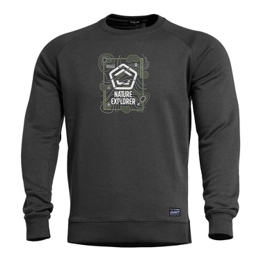 Black crewneck sweater with Nature Explorer graphic