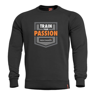 Black crewneck sweater with 'Train Your Passion' front graphic