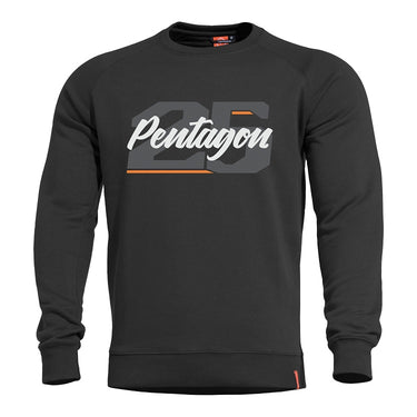 Black crewneck sweater with 'Pentagon' graphic front and ribbed cuffs