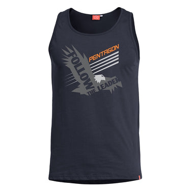 Black tank top with round neck and large Pentagron graphic 'Follow The Leader'.