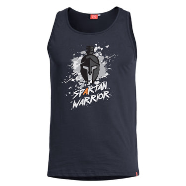 Black tank top with crew neck and Spartan-style helmet graphic on front