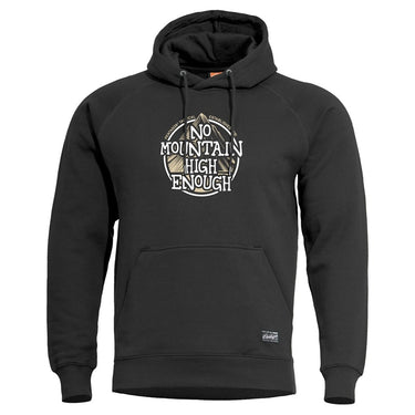 Black pullover hoodie with front graphic badge, drawstring hood, and kangaroo pocket