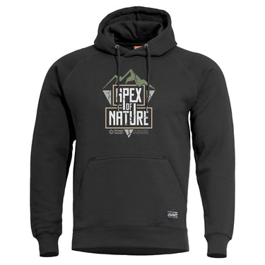 Black pullover hoodie with graphic chest logo, attached hood, and kangaroo pocket