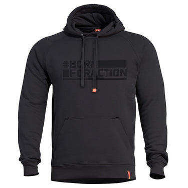Black hooded sweater with front kangaroo pocket, drawstring, and chest graphic print