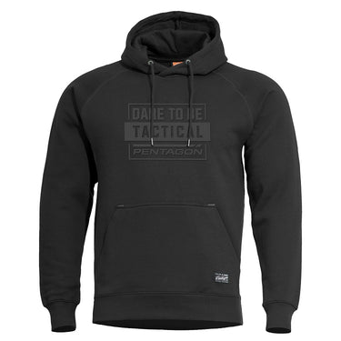 Black hooded sweatshirt with front pouch pocket, drawstring hood, Pentagon logo print