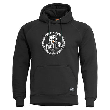 Black hooded sweatshirt sweater with front pocket and Dare to Tactical chest logo