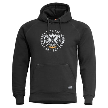 Black hooded sweatshirt with front logo graphic and kangaroo pocket, drawstring hood