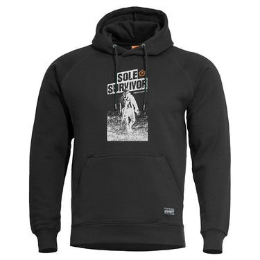 Black hooded sweatshirt with front graphic, kangaroo pocket and drawstring hood