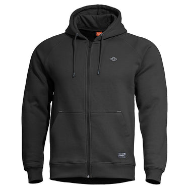 Black zip-up hooded sweater with drawstring, front pockets, long sleeves, chest logo.