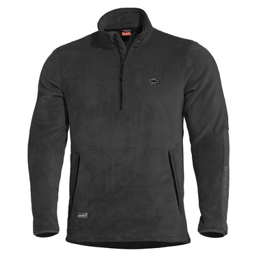 Black half-zip fleece sweater with small chest logo and front pouch