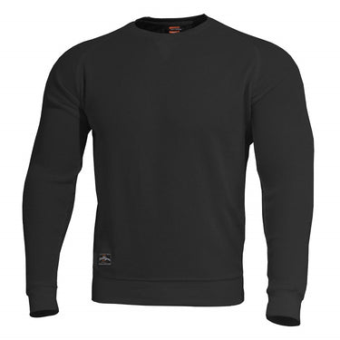 Black crewneck pullover sweater with ribbed cuffs and hem