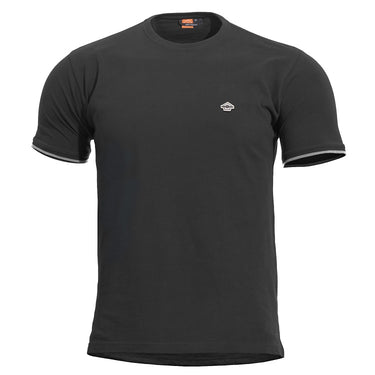 Black crewneck T-shirt with small chest logo and striped sleeve cuffs