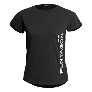 Black ladies crew-neck tee with vertical Pentagon logo graphic along side seam