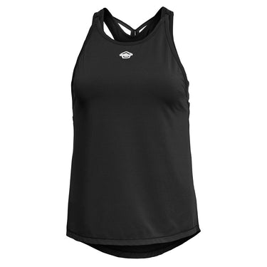 Women's athletic mesh tank top, black racerback with small chest logo