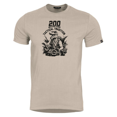 Khaki crew-neck short-sleeve T-shirt with large front dinosaur graphic