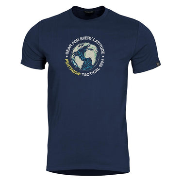 Midnight blue crew-neck T-shirt with front globe logo graphic