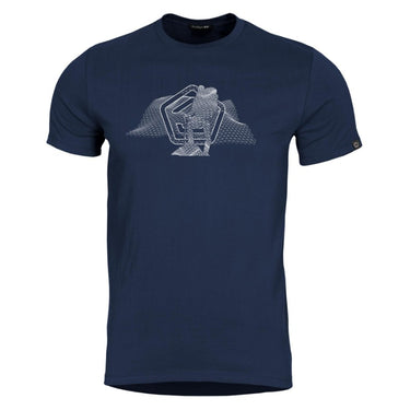 Midnight blue T-shirt with light gray wireframe pentagon graphic on chest
