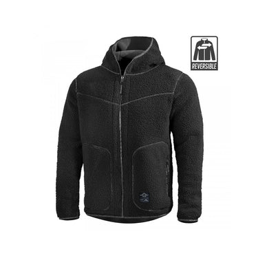 Reversible sherpa fleece jacket in dark color, zip front, hood, flap pockets