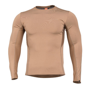 Tan long-sleeve crewneck activity T-shirt with fitted stretch design.