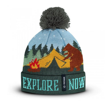 Multicolor knit beanie cap with pom-pom, blue front graphic and 'EXPLORE NOW' band