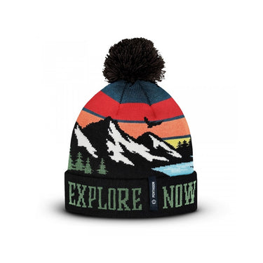 Multicolor mountain knit beanie with black pom-pom and Explore Now lettering