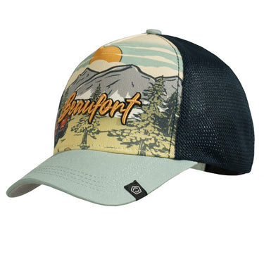 Adventure Explorer BB cap with camo front, text graphic, black mesh sides, light green brim