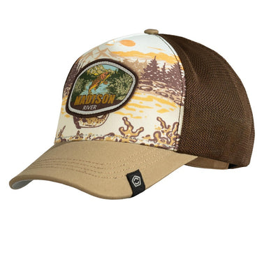 Adventure BB cap with multicolor camo front panel and tan mesh back