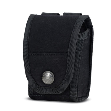 Black handcuff pouch with front flap, snap button, and belt loop