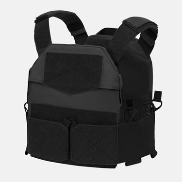 Black plate carrier vest with front panel pouches and adjustable shoulder straps