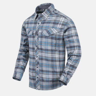 Blue plaid button-up shirt with flap chest pockets and long sleeves