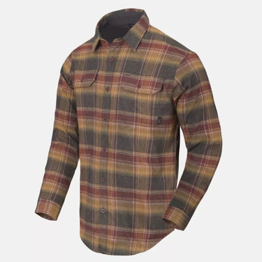 Amber plaid long-sleeve button-up shirt with dark collar and chest pocket