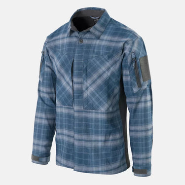 Blue plaid nylon-polyester blend shirt with button front and stand collar