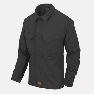 Woodsman shirt in dark gray with long sleeves, button front, two chest pockets, cinched waist