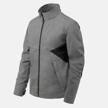 Helikon Greyman jacket in ash gray with black zipper and panel detail