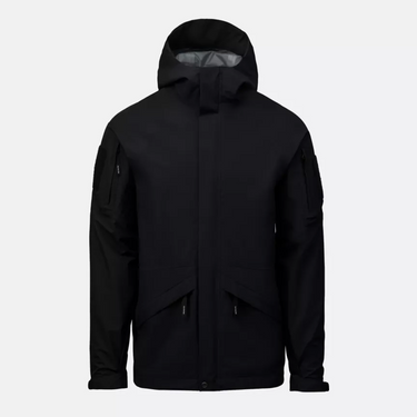 Black polyester hooded jacket with full front zipper and snap hem detail
