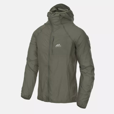 Olive green hooded nylon wind jacket, front zip and drawstring hem