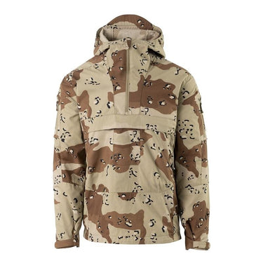 Camouflage anorak jacket with hood, front zipper, and chest pocket flap.