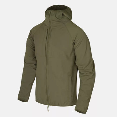 Green hooded softshell jacket with full front zipper and drawcord hem