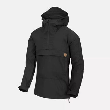 Black anorak jacket with hood and front kangaroo-style pocket