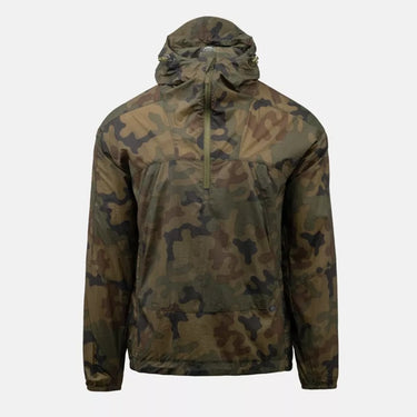 Woodland camouflage field jacket with hood, front half-zip, and drawstring hem