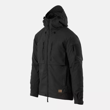 Black winter hooded jacket with front zip, utility pockets, and drawstring cuffs