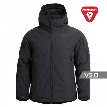 Men's hooded insulated jacket, full-zip front, black with storm hood