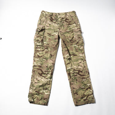 Desert camouflage combat trousers with belt loops and front button closure