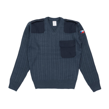 Blue grey V-neck knit sweater with flap patch pockets and shoulder straps