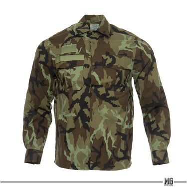 Woodland camo field shirt with long sleeves, button front, and flap chest pockets.