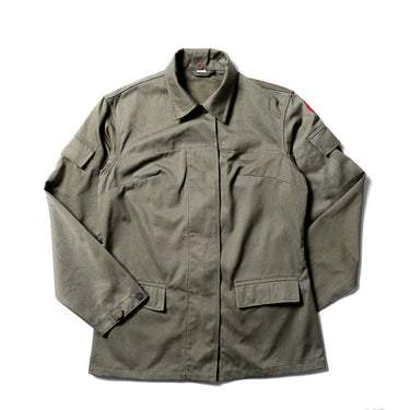 Olive drab summer field jacket, button front, point collar, chest pockets, long sleeves