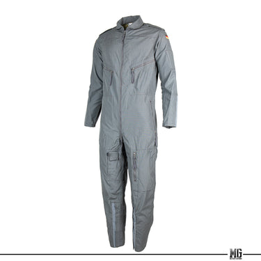 Grey coverall with full-length zip, collar, and chest flap pockets