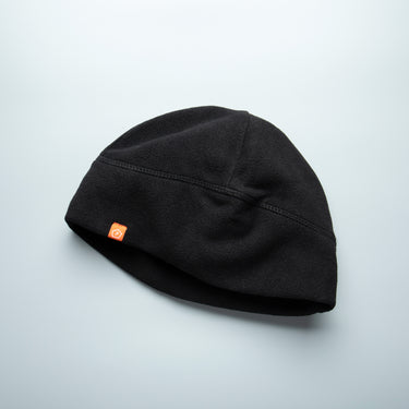 Black fleece watch cap with folded cuff and small logo patch
