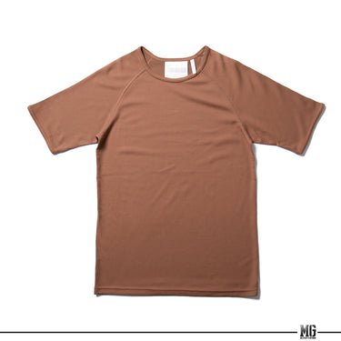 Brown moisture-wicking crew-neck T-shirt with short sleeves and stitched seams